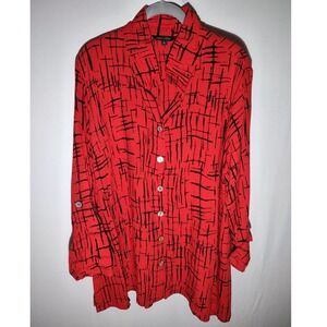 JOHN MARK Women's Red Black Abstract Print Button Front Roll Tab Sleeve Tunic 1X